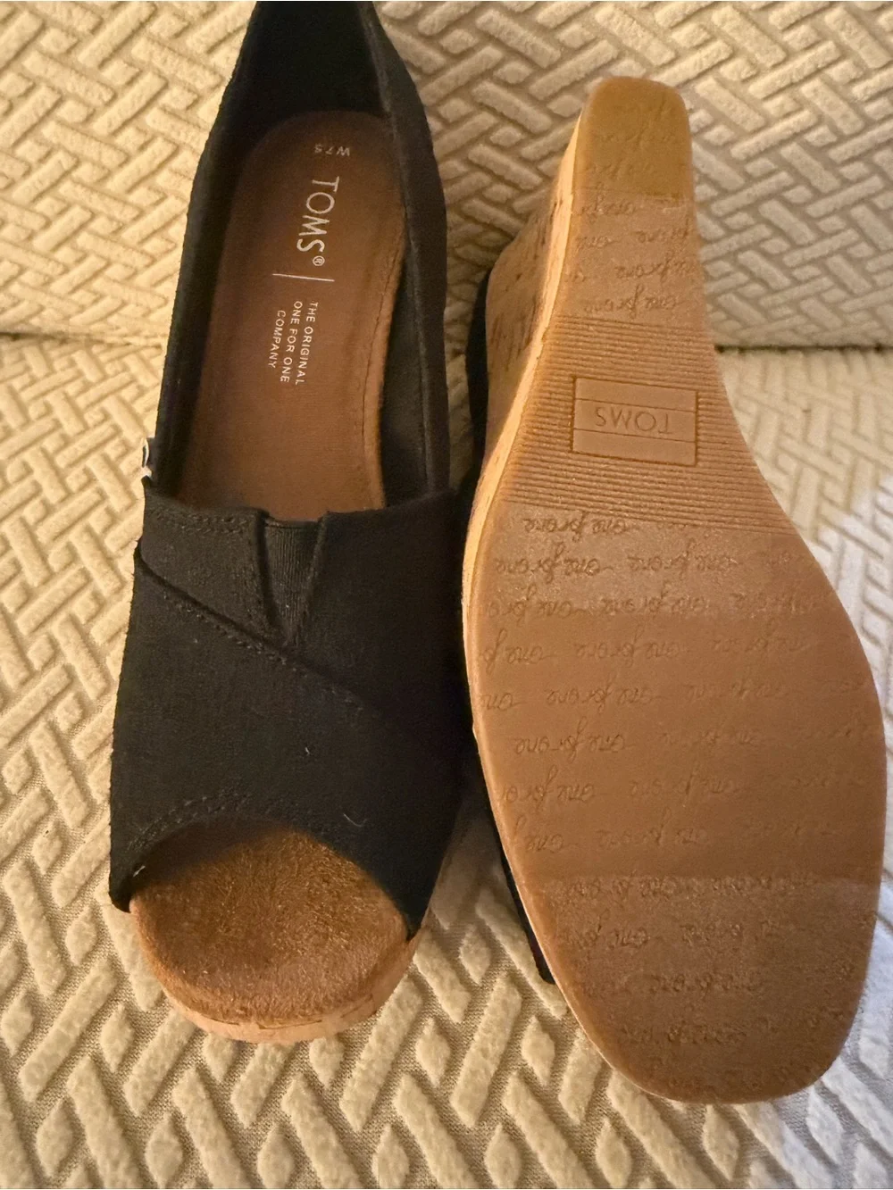 TOMS Black Canvas Cork Peep-Toe Wedge Sandals